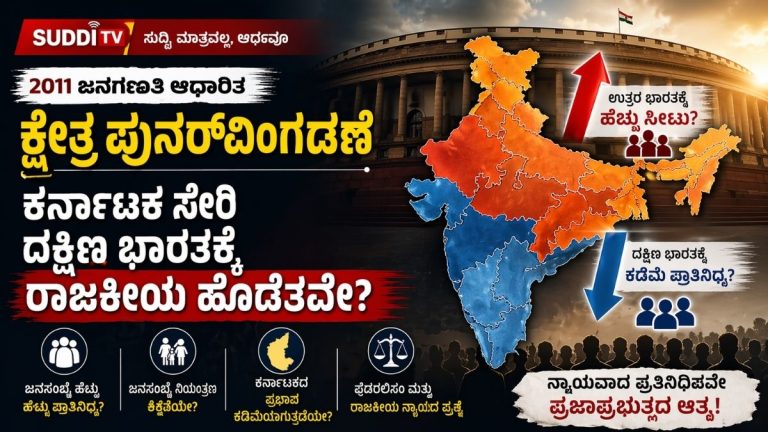 2011 ಜನಗಣತಿ ಆಧಾರಿತ ಕ್ಷೇತ್ರ ಪುನರ್‌ವಿಂಗಡಣೆ ಹಿನ್ನೆಲೆ ಭಾರತದ ನಕ್ಷೆ, ಉತ್ತರ ಮತ್ತು ದಕ್ಷಿಣ ರಾಜ್ಯಗಳ ರಾಜಕೀಯ ಪ್ರಾತಿನಿಧ್ಯ ಬದಲಾವಣೆ ಕುರಿತು ಗ್ರಾಫಿಕ್ ಚಿತ್ರ