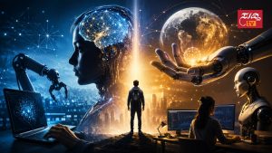 AI/Machine Learning Engineer ಆಗಬೇಕೆ? ಈ ಕ್ಷೇತ್ರದ ಅವಕಾಶ, ಸವಾಲು ಮತ್ತು ಭವಿಷ್ಯ ಏನು? Artificial Intelligence ಮತ್ತು Machine Learning ತಂತ್ರಜ್ಞಾನವನ್ನು ಪ್ರತೀಕಾತ್ಮಕವಾಗಿ ತೋರಿಸುವ ಭವಿಷ್ಯಮಯ ಚಿತ್ರ