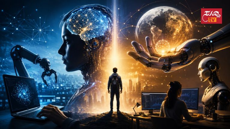 Artificial Intelligence ಮತ್ತು Machine Learning ತಂತ್ರಜ್ಞಾನವನ್ನು ಪ್ರತೀಕಾತ್ಮಕವಾಗಿ ತೋರಿಸುವ ಭವಿಷ್ಯಮಯ ಚಿತ್ರ