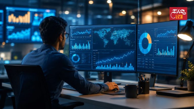 ಕಂಪ್ಯೂಟರ್ ಸ್ಕ್ರೀನ್ಗಳಲ್ಲಿ ಡೇಟಾ ಗ್ರಾಫ್ ಮತ್ತು analytics dashboard ನೋಡುತ್ತಿರುವ ಡೇಟಾ ಅನಾಲಿಸ್ಟ್
