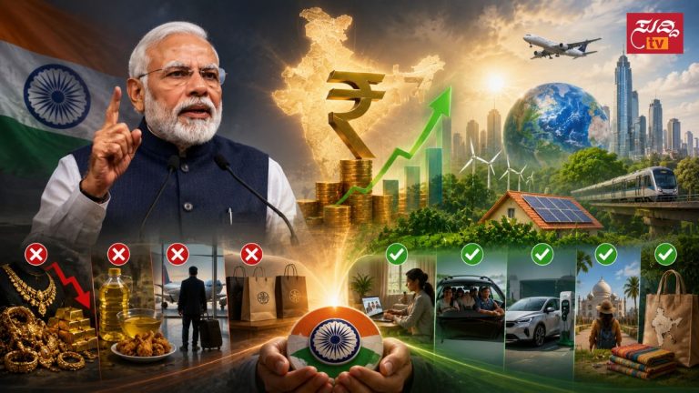 PM Modi giving economic advice to Indians about reducing gold buying, foreign travel and promoting EVs to strengthen Indian Rupee