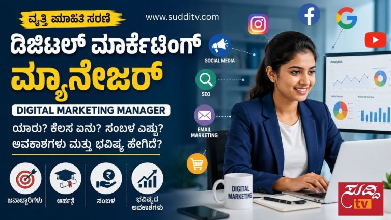 ಲ್ಯಾಪ್ಟಾಪ್ನಲ್ಲಿ ಕೆಲಸ ಮಾಡುತ್ತಿರುವ ಡಿಜಿಟಲ್ ಮಾರ್ಕೆಟಿಂಗ್ ಮ್ಯಾನೇಜರ್ ಹಾಗೂ SEO, ಸಾಮಾಜಿಕ ಜಾಲತಾಣ, ಡಿಜಿಟಲ್ ಜಾಹೀರಾತು ಮತ್ತು ವಿಶ್ಲೇಷಣಾ ಸಾಧನಗಳ ಸಾಂಕೇತಿಕ ಚಿತ್ರ
