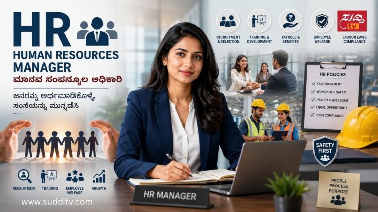 ಕಂಪನಿಯ ಉದ್ಯೋಗಿಗಳ ನೇಮಕಾತಿ, ಕಲ್ಯಾಣ, ಸುರಕ್ಷತೆ ಮತ್ತು ಮಾನವ ಸಂಪನ್ಮೂಲ ನಿರ್ವಹಣೆಯನ್ನು ನೋಡಿಕೊಳ್ಳುತ್ತಿರುವ HR Managerನ ಸಾಂಕೇತಿಕ ಚಿತ್ರ