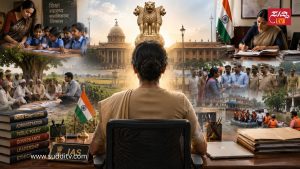 ಜನಸೇವೆ, ಆಡಳಿತ, ಗ್ರಾಮೀಣ ಅಭಿವೃದ್ಧಿ ಮತ್ತು ವಿಪತ್ತು ನಿರ್ವಹಣೆಯ ನಡುವೆ ಕಾರ್ಯನಿರ್ವಹಿಸುತ್ತಿರುವ IAS ಅಧಿಕಾರಿಯ ಪ್ರತೀಕಾತ್ಮಕ ದೃಶ್ಯ