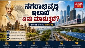 ನಗರಾಭಿವೃದ್ಧಿ ಇಲಾಖೆಯೆಂಬ ದೊಡ್ಡ ಅವಕಾಶ! ಏನಿದು ಹಾಗಾದರೆ? ಮೈಸೂರು ಅರಮನೆ, ನಾಲ್ವಡಿ ಕೃಷ್ಣರಾಜ ಒಡೆಯರ್, ಸರ್ ಎಂ. ವಿಶ್ವೇಶ್ವರಯ್ಯ ಮತ್ತು ಆಧುನಿಕ ಸ್ಮಾರ್ಟ್ ಸಿಟಿ ದೃಶ್ಯಗಳ ಮೂಲಕ ನಗರಾಭಿವೃದ್ಧಿಯ ಪಯಣವನ್ನು ತೋರಿಸುವ ಸಾಂಕೇತಿಕ ಚಿತ್ರ