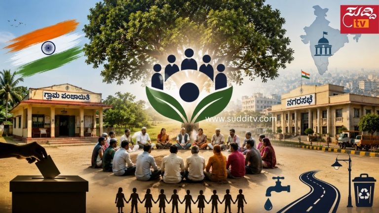 ಗ್ರಾಮ ಪಂಚಾಯತ್, ನಗರಸಭೆ, ಗ್ರಾಮ ಸಭೆ, ಮತದಾನ ಮತ್ತು ಸ್ಥಳೀಯ ಆಡಳಿತದ ಸಂಕೇತಗಳೊಂದಿಗೆ ಭಾರತದ ಪಂಚಾಯತ್ ರಾಜ್ ವ್ಯವಸ್ಥೆಯನ್ನು ಪ್ರತಿಬಿಂಬಿಸುವ ಸಾಂಕೇತಿಕ ಚಿತ್ರ