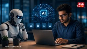 AI ತಂತ್ರಜ್ಞಾನದೊಂದಿಗೆ ಲ್ಯಾಪ್‌ಟಾಪ್ ಬಳಸುತ್ತಿರುವ ವೃತ್ತಿಪರ ಮತ್ತು ರೋಬೋಟ್‌ನ ಸಾಂದರ್ಭಿಕ ಚಿತ್ರ