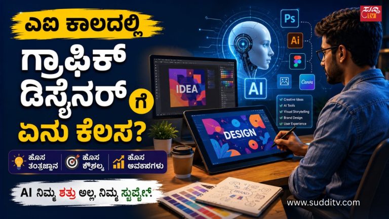 AI ಉಪಕರಣಗಳೊಂದಿಗೆ ಡಿಜಿಟಲ್ ವಿನ್ಯಾಸ ಮಾಡುತ್ತಿರುವ ಗ್ರಾಫಿಕ್ ಡಿಸೈನರ್ನ ಸಾಂದರ್ಭಿಕ ಚಿತ್ರ